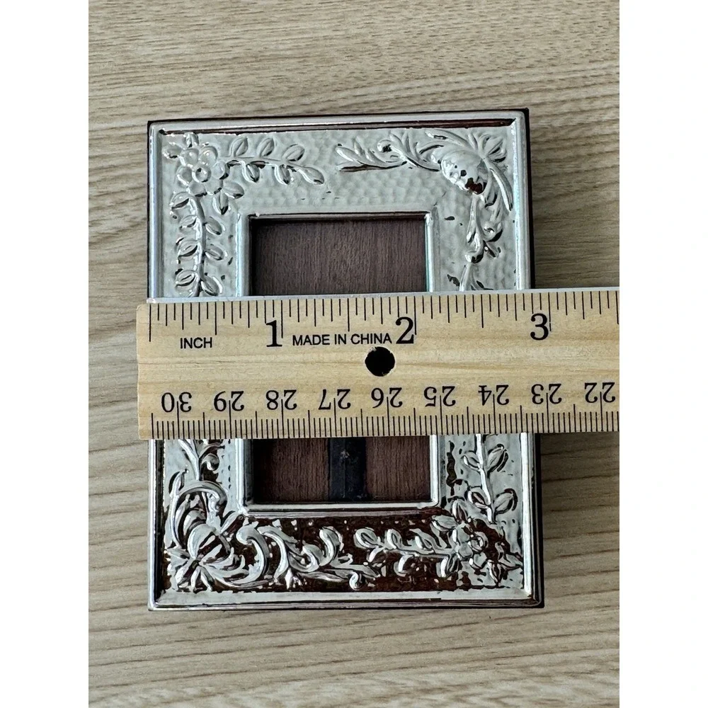 Ornate Floral Silver Tone 1.5x2 Picture Frame Wood Back Easel